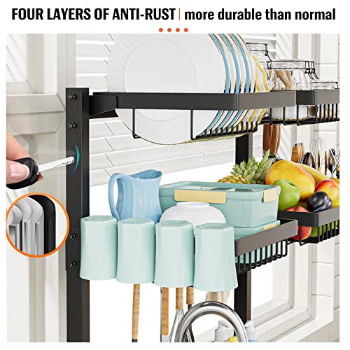 YKLSLH 3 Tiers 6 Baskets Over The Sink Dish Drying Rack Extendable (26.57"-35"), Large Dish Drying Rack, Kitchen Cutlery Drainer Metal Storage Counter Rack - color: Black, size: 3 tiers 6 baskets