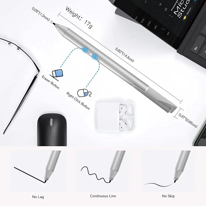 Pen for Surface 1024 Pressure Eraser &amp Right-Click Palm Rejection2500 Working Hours for Surface Pro 11/10/9/8/7/6/5/4/3/X Surface Go/Book 4/3/2/1 Surface Laptop Studio 6/5/4/3/2/1