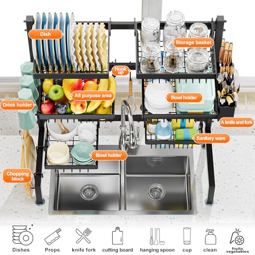 YKLSLH 3 Tiers 6 Baskets Over The Sink Dish Drying Rack Extendable (26.57"-35"), Large Dish Drying Rack, Kitchen Cutlery Drainer Metal Storage Counter Rack - color: Black, size: 3 tiers 6 baskets