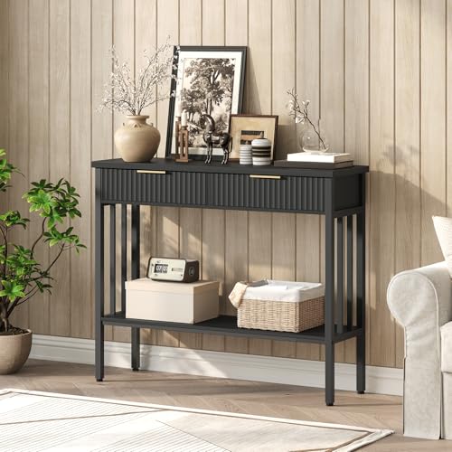 MAHANCRIS Console Table with 2 Drawers, Narrow Long Entry Table with Storage Shelf, 2-Tier Fluted Entryway Table with 2 Drawers, for Entryway, Living Room, Foyer, Hallway, Office, Black CTHB5101 - size: 11.8"D x 39.4"W x 32.3"H