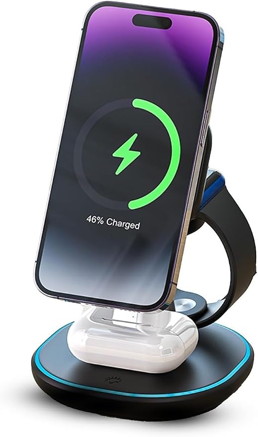 M.A.D LAB Qi2 Wireless Charger 3 in 1 Charging Station for Multiple Devices - MagSafe Compatible LED Light 15W Fast Charging Station for iPhone Android Phones Apple Watch and AirPods (No Adapter)