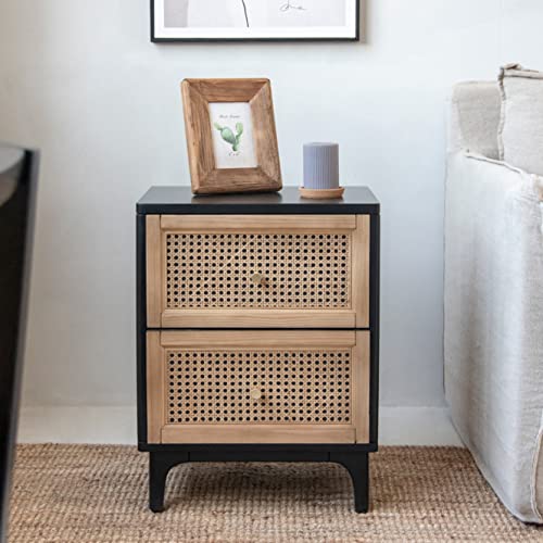 COZAYH Set of 2 Fully-Assembled 2-Drawer Woven Cane Front Accent Nightstand with Brass Knobs, Black - color: Black, style: 2 Drawer/2 pack