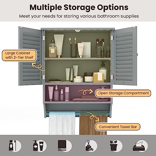 Tangkula Wall Mounted Bathroom Cabinet with Open Shelf & Bar, Medicine Cabinet with Double Louvered Doors, Wall Storage Cabinet with Adjustable Shelf, for Bathroom Living Room Kitchen (Grey) - color: Grey