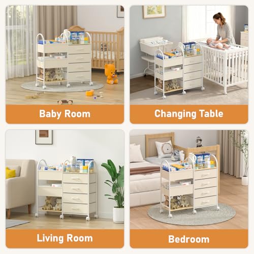 Baby Organizer and Storage Cart, 4-Tier Rolling Utility Cart with Wheels, Dividers and Drawers, Easy to Assemble for Nursery, Bedroom & Changing Table, White - color: White