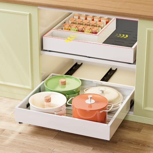 Dayacoco Pull Out Cabinet Organizer, Expandable Width (11.4"-19.4") and Depth (16.7"-21") With 3 Rails, Heavy Duty Slide out Drawers for Kitchen Base Cabinet Organization, No Drill, White