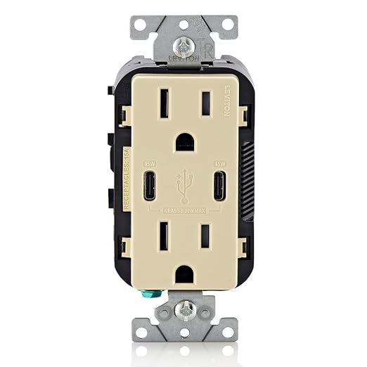 Leviton 30W (6A) USB Dual Type-C/C Power Delivery In-Wall Charger with 15A Tamper-Resistant Outlet USB Charger for Smartphones Tablets Laptops T5635-E Black