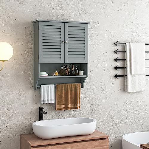 Tangkula Wall Mounted Bathroom Cabinet with Open Shelf & Bar, Medicine Cabinet with Double Louvered Doors, Wall Storage Cabinet with Adjustable Shelf, for Bathroom Living Room Kitchen (Grey) - color: Grey