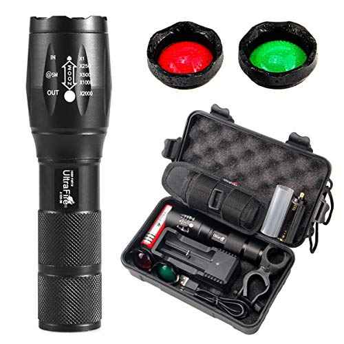 ULTRAFIRE A100 Tactical Flashlight, 800 Lumens 5 Modes LED Zoomable Hunting Flashlight Torch with Duty Belt Flashlight Holster, Red/Green/White Exchange Glass