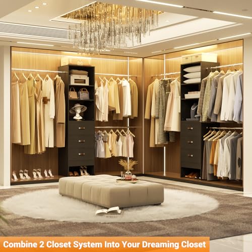 Homieasy 96 Inches Closet Organizer System, 8FT Customizable Walk In Closet Organizer with Hanging Rods, 3 Drawers Garment Rack with Leather Handle , 96" L x 16" W x 75" H, Max Load 1000 LBS, Black - color: Black