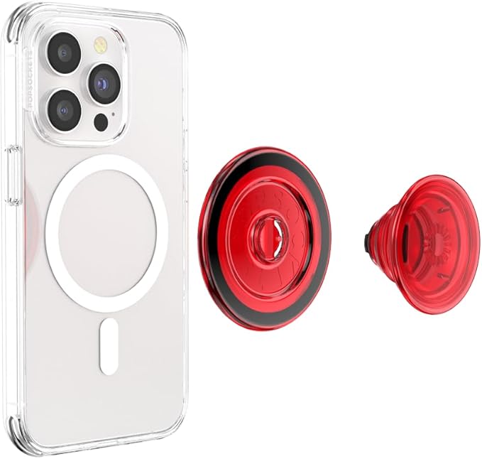 PopSockets Phone Grip for MagSafe with Kickstand, Magnetic Stand, Swappable Top, Secure Hold for iPhone MagSafe Cases, Phone & Tablet Grip - Danger Red Transluscent