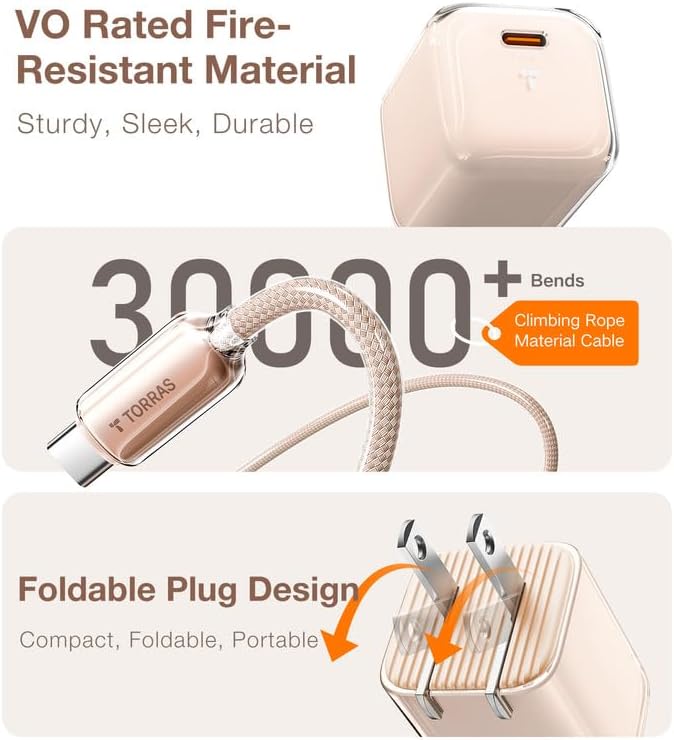 TORRAS IceNano 30W USB C Wall Charger Ultra Mini Foldable Fast Charger Block with Cooling Tech Compact Travel Wall Charger for iPhone 17/16/15 Samsung iPad Desert Gold (5.6ft Cable Included)