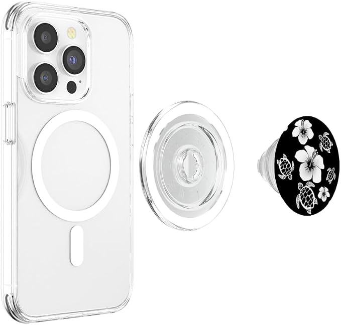 Black and White Hawaiian Island Floral Turtles PopSockets Adhesive PopGrip