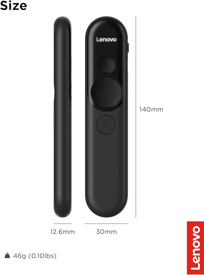 Lenovo Laser Rechargeable Presentation Remote, Bluetooth & USB, Digital & Laser Pointer, LCD Screen, Rechargeable Battery, 30M Range, Black, 500mm Cable Length