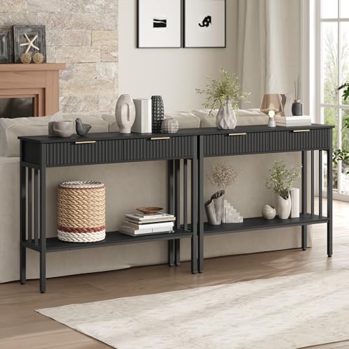 MAHANCRIS Console Table with 2 Drawers, Narrow Long Entry Table with Storage Shelf, 2-Tier Fluted Entryway Table with 2 Drawers, for Entryway, Living Room, Foyer, Hallway, Office, Black CTHB5101 - size: 11.8"D x 39.4"W x 32.3"H