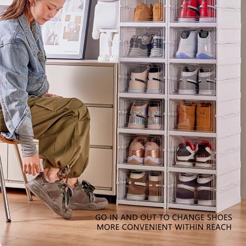 Foldable Shoe Rack,No Assembly Stackable Shoe Storage Box with Doors,Free Standing Plastic Space Saving Shoe Cabinet Bins Dustproof,Folding Shoe Box Organizers (6 Tier-6 Pairs White) - size: 6 Tier-6 Pairs White