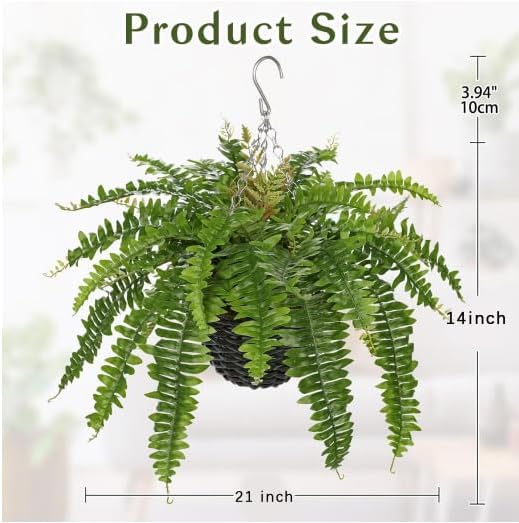 Hollyone 21" Artificial Boston Fern Hanging Basket 31 Leaves Fake Ferns in Rattan Pot Medium Greenery Plants for Outdoors & Indoor Faux Fern Bush Basket Plant Patio Garden Home Decor Green