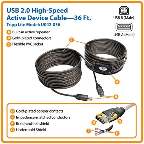 TRIPP LITE Eaton USB 2.0 Hi-Speed A/B Active Repeater Cable (M/M) 25-ft. (U042-025) Silver