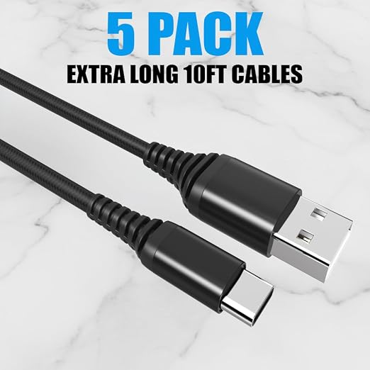 5-Pack USB-A to USB-C Cables – Extra-Long 10 ft (3 m) 3A Fast Charging Braided – Compatible with iPhone 15/16/17 Galaxy S25/S24/S23 Pixel PS5 &amp More