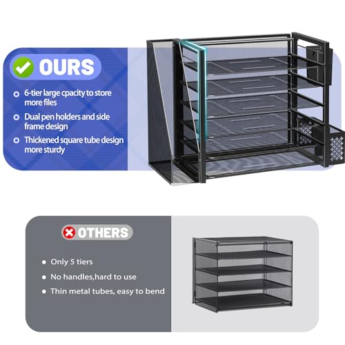 Simple Trending 6 Tier Desk File Organizer, Paper Letter Tray Organizer with File Holder and Pen Container, Black - style: 6 Tier Black-Pen Container