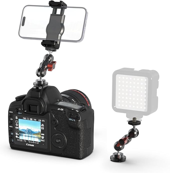 SOH Hot/Cold Shoe Phone Mount Holder, Universal 2 Ball Head Smartphone Mount Adapter, Cold Shoe Phone Clip Mount for iPhone 17/16/15, DSLR Camera LCD Camera Cage Flash LED Light Microphone and More