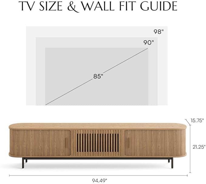POVISON Fully-Assembled Mid Century Modern TV Stand for 85 inch TV, Sliding Door Entertainment Center with Storage, Wood TV Console, Media Console for Living Room Bedroom(Oak, 94.49")