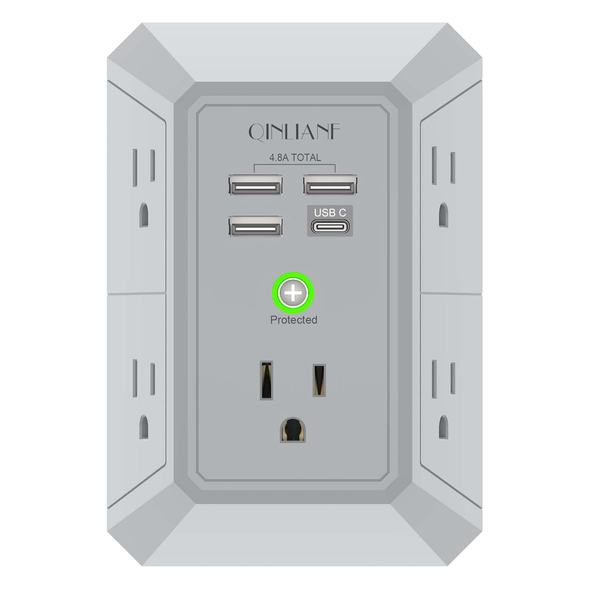 USB Wall Charger, Surge Protector, QINLIANF 5 Outlet Extender with 4 USB Charging Ports (4.8A Total) 3-Sided 1680J Power Strip Multi Plug Outlets Wall Adapter Spaced for Home Travel Office(3U1C),Grey