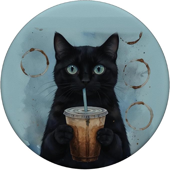 Blue Black Cat Coffee Lover Illustration Print PopSockets PopWallet for MagSafe