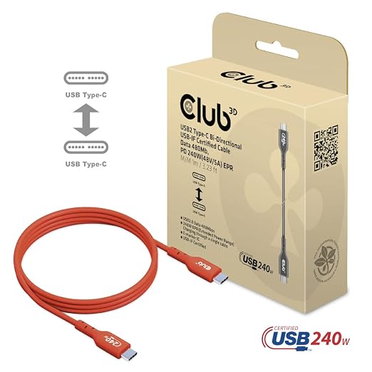 Club 3D CAC-1511 USB2 Type C to Type C Certified Bi-Directional Cable with 240W Charging 480Mb Data Transmission EPR 1m - 3.28ft