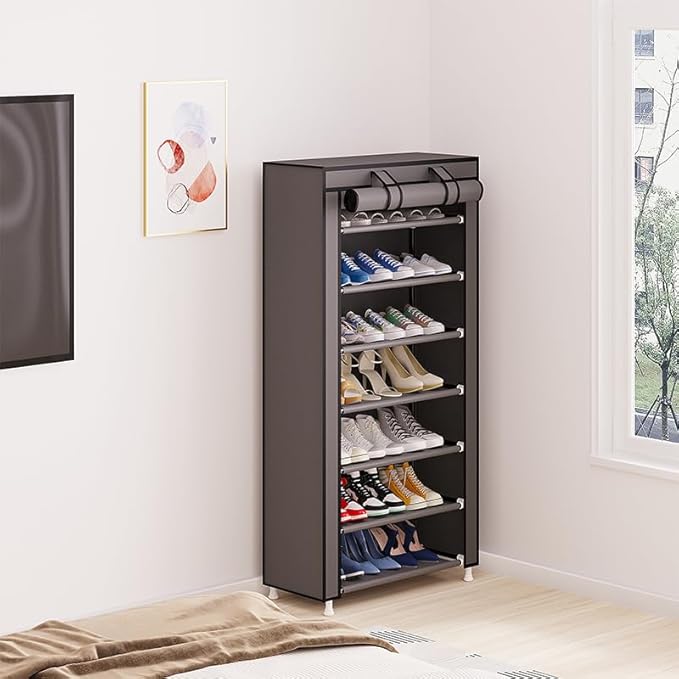 Calmootey 7 Tier Shoe Rack Organizer,Portable Shoe Shelf with Nonwoven Fabric Cover for Closet Hallway,Bedroom,Entryway,Grey