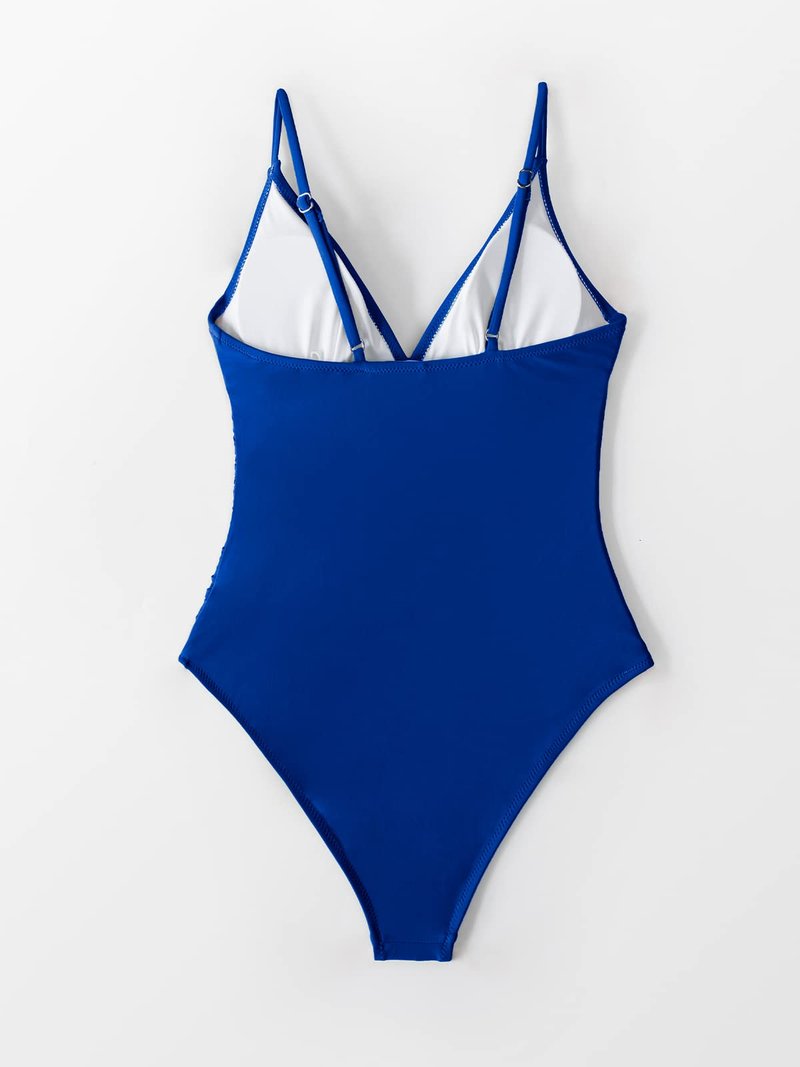 CUPSHE Women's One Piece Swimsuit Shirring Design V Neck Low Back Bathing Suit, Deep Blue, M