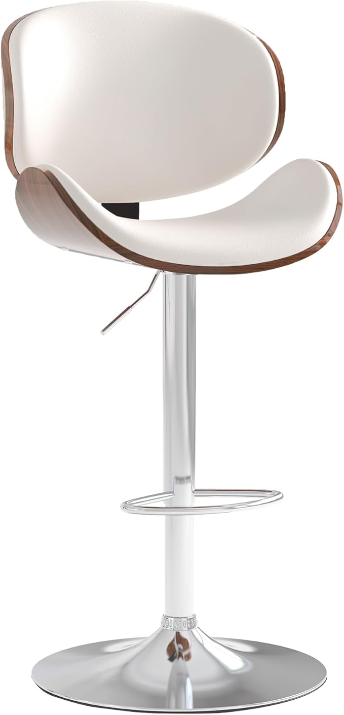 Adjustable Swivel Bar Stools 1 PC, Modern Bentwood Barstool with Large Metal Base and Footrest, PU Leather Upholstered Bar Chair with Curved Back for Kitchen Island Dining Room, White
