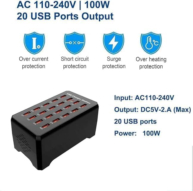 20-Port Black USB Charging Station100W/20A Multi-Port USB Hub Suitable for Smartphones Tablets and Other USB Devices.