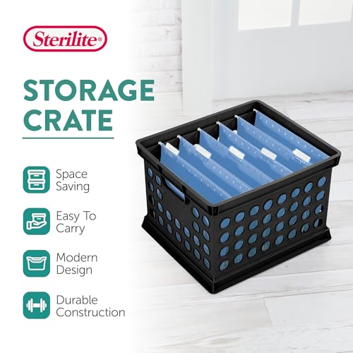 Sterilite Stackable Plastic Storage Crate Bin Organizer File Box with Handles for Home, Office, Dorm, Garage, or Utility Organization, Black, 6-Pack