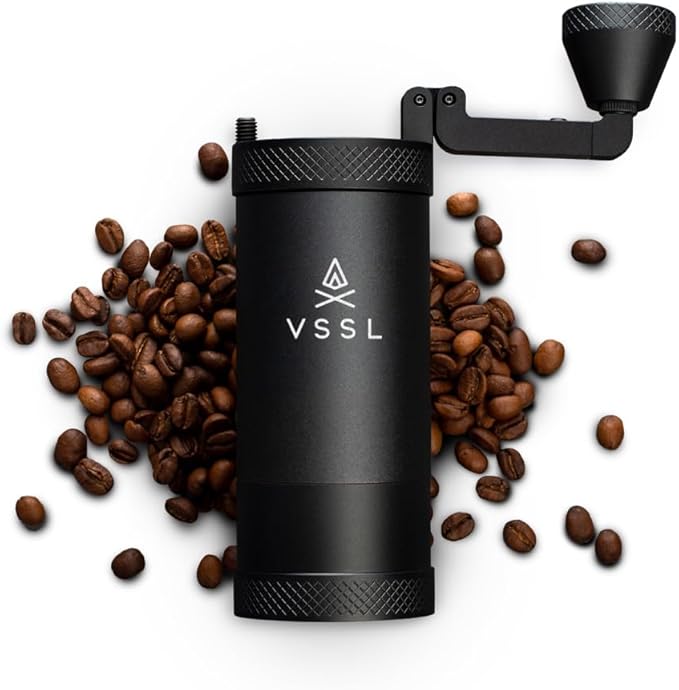 VSSL JAVA Manual Hand Coffee Grinder. 50 adjustable grind settings for Aeropress, French Press, Drip Coffee, Espresso with best-in-class stainless steel burrs. 20g capacity Black 6''