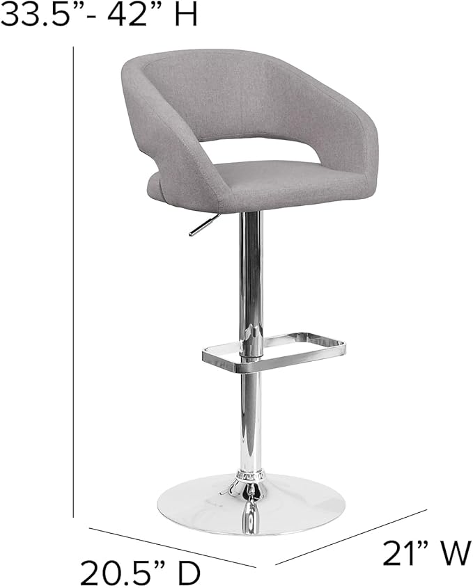 Flash Furniture Erik Contemporary Adjustable Height Barstool with Footrest and Rounded Mid-Back, Upholstered Bar or Counter Height Stool, Gray/Chrome
