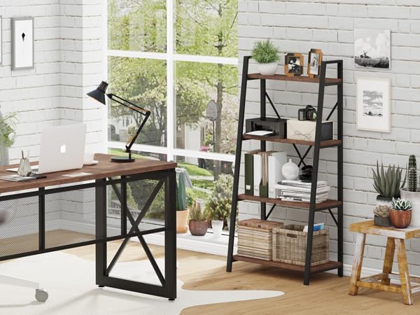 BON AUGURE Industrial Ladder Shelf Bookcase, 4 Tier Rustic Ladder Bookshelf, Standing Leaning Book Shelves for Living Room (Rustic Oak)