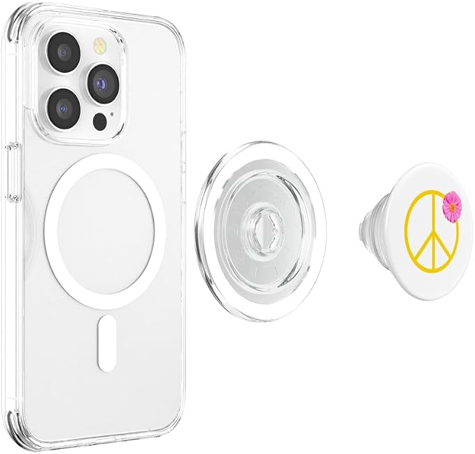 Pretty Pink Flower on Yellow Peace Sign PopSockets Adhesive PopGrip