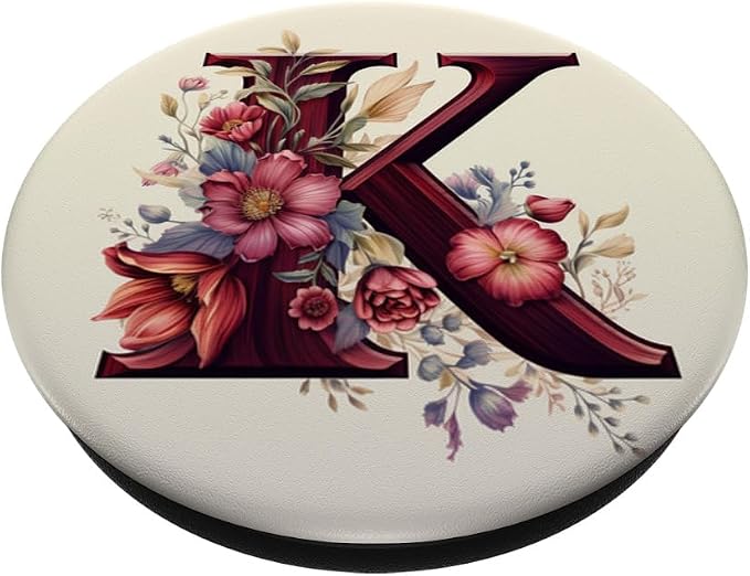 Beige Maroon Floral Initial Letter K Monogram Flowers PopSockets Adhesive PopGrip