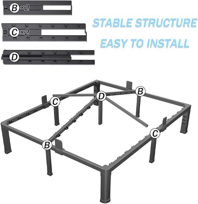 FUIOBYVV 10 Inch Queen Bed Frame with Rounded Corner and Headboard Hole Mattress Retainers 3500 LBS Metal Heavy Duty Steel Slats Support No Box Spring Needed Platform Noise Free Easy Assembly