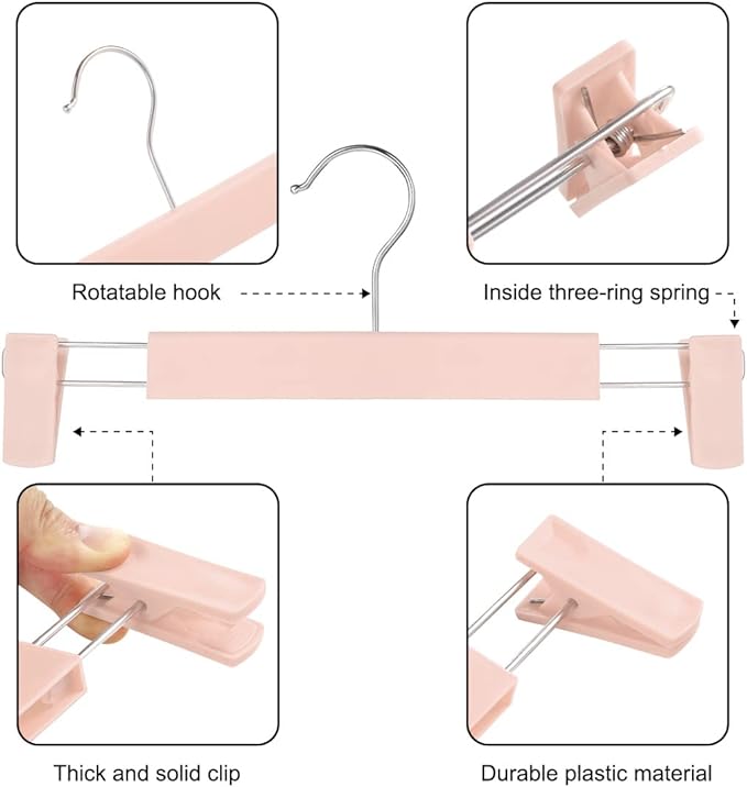 Clothes Pants Hangers, Space-Saving Skirt Holders with 360 ° Swivel Hooks, Adjustable Clips, Trouser Hangers, Clothes Coat Garment Jeans Hangers (10 Pack, Pink)