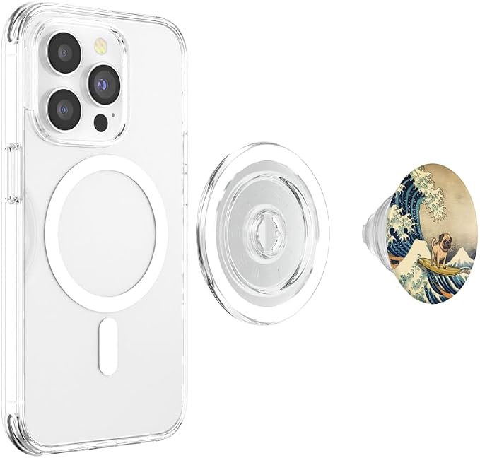 Surfing Pug Kanagawa Wave Japanese Dog Funny PopSockets Adhesive PopGrip