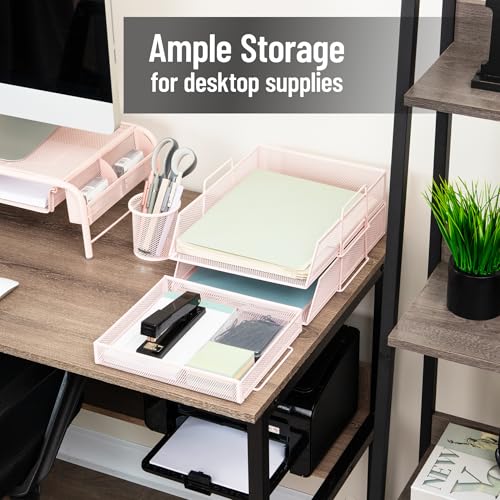 Mind Reader 2 Tier Paper Tray with Top Supply Compartment, Desktop File Organizer, Metal Mesh, Pink - color: Pink