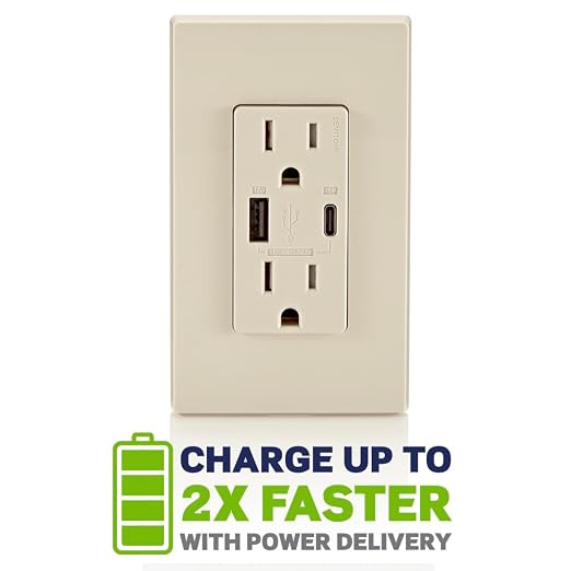 Leviton 30W (6A) USB Dual Type-C/C Power Delivery In-Wall Charger with 15A Tamper-Resistant Outlet USB Charger for Smartphones Tablets Laptops T5635-E Black