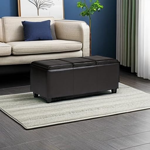 SIMPLIHOME Avalon Storage Ottoman - 42 inch Wide Upholstered Vegan Leather Rectangular Flip-Top Ottoman in Tanners Brown, Contemporary Coffee Table Ottoman for Living Room with Hidden Storage