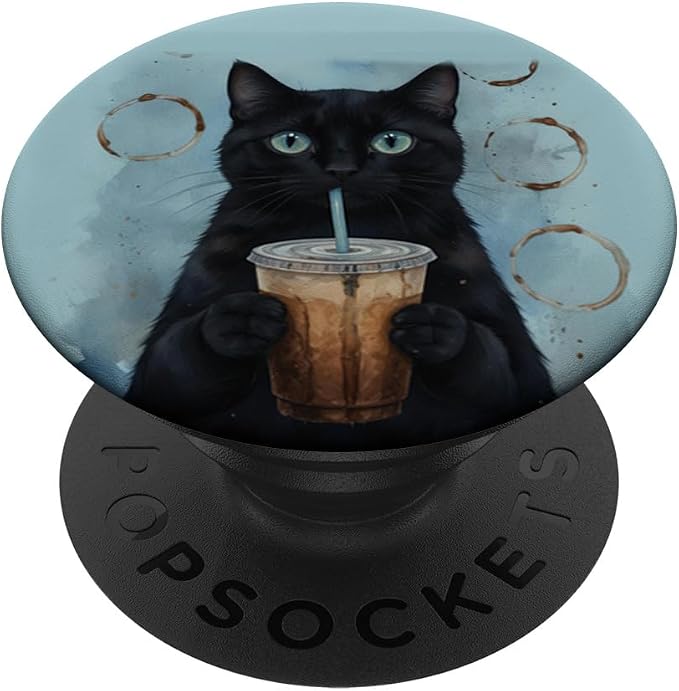Blue Black Cat Coffee Lover Illustration Print PopSockets PopWallet for MagSafe
