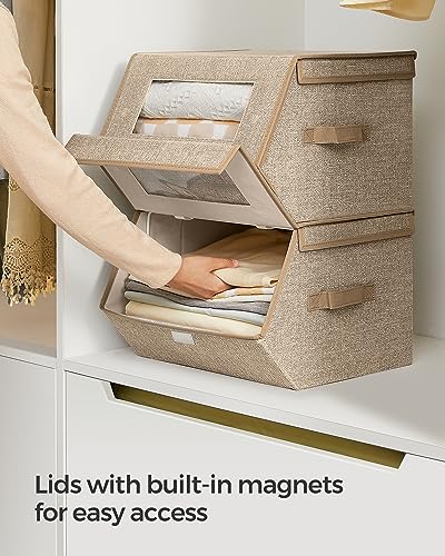 SONGMICS Stackable Storage Bins Set of 2, Storage Boxes with Lids and Front Windows, Non-Woven Fabric Closet Organizers with Magnetic Closures, Side Handles, Sand Beige URLB002Y01 - color: Sand Beige