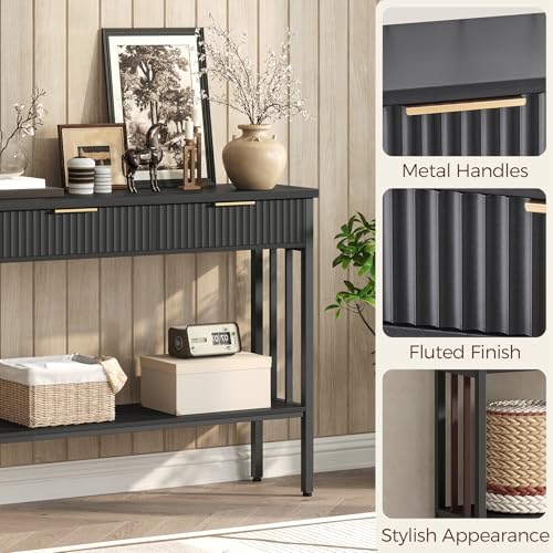 MAHANCRIS Console Table with 2 Drawers, Narrow Long Entry Table with Storage Shelf, 2-Tier Fluted Entryway Table with 2 Drawers, for Entryway, Living Room, Foyer, Hallway, Office, Black CTHB5101 - size: 11.8"D x 39.4"W x 32.3"H