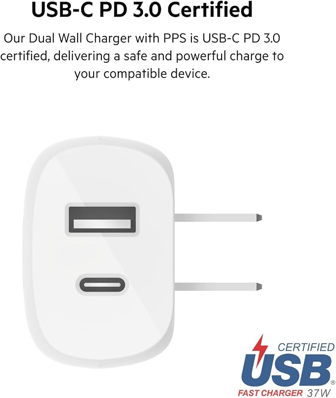 Belkin 37W USB C and USB A Charger Block USB C to Lightning Cable | 25W USB C Port 12W USB A Port PPS Super Fast Charging iPhone iPad AirPods and More