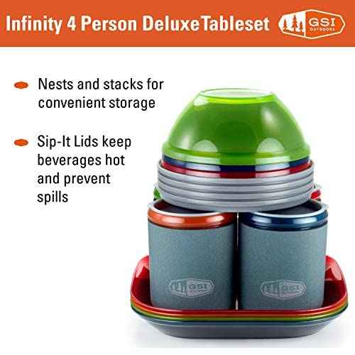 GSI Outdoors - Infinity 4 Person Deluxe Nesting Table Set Multicolor Durable, Break Resistant Plates, Bowls, Mugs and Cups