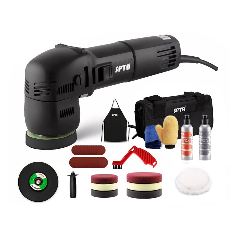 SPTA Mini Orbital Polisher - 3 Inch 10mm/780W Variable Speed Dual Action With Polishing Pads, Sanding Discs, Pad Conditioning Brush
